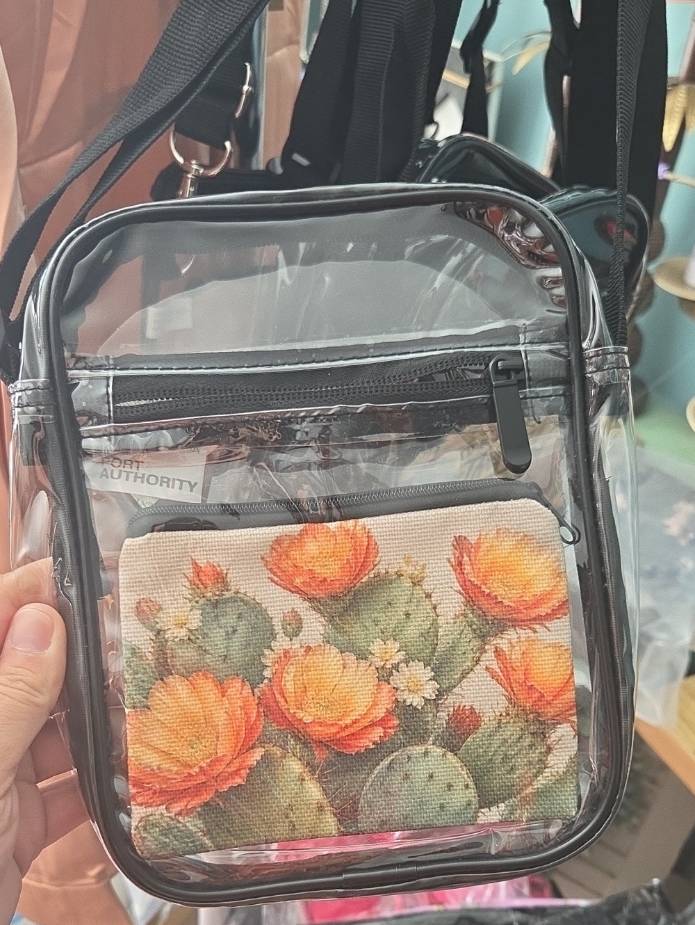 Clear Crossbody Bag with Floral Cactus Insert - Black & Orange
